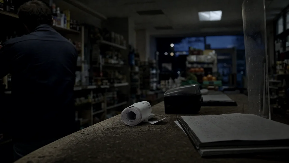 A small shop counter at closing time with a till roll, a notepad of sums and the lights half off.