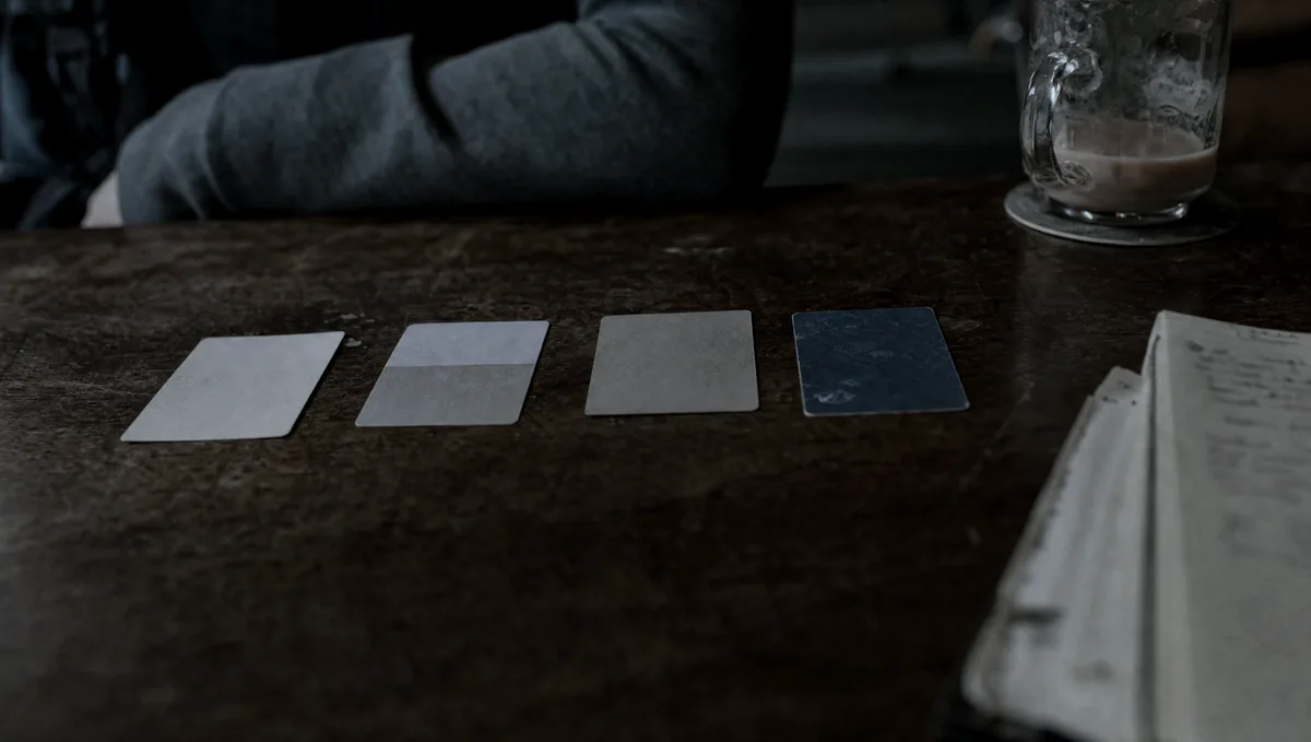 Four business cards laid out in a row on a table next to a mug, one turned face down.