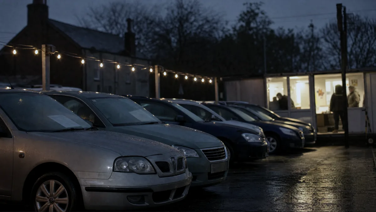 A small used car forecourt at dusk, six cars under a string of lights with price cards in the windscreens.