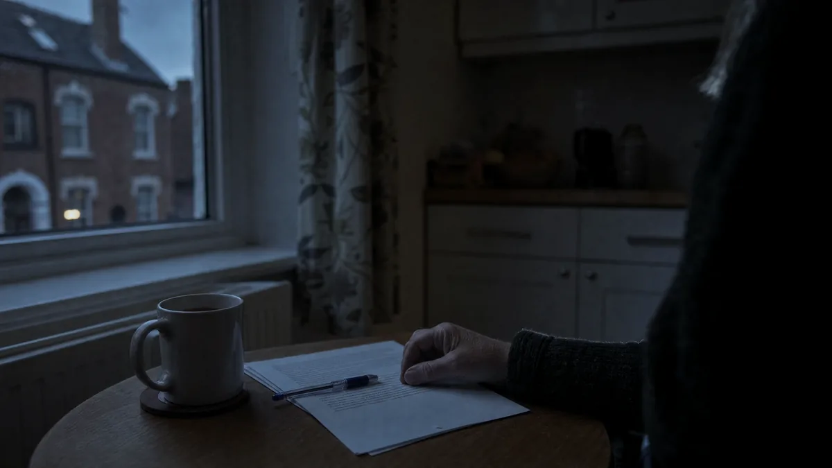 A hand rests on a printed sheet beside a biro and mug of tea on a kitchen table at dusk, terraced houses outside
