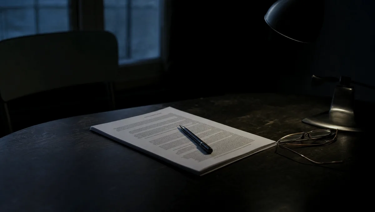 A printed contract and a pen on a dark table beside a pair of reading glasses.