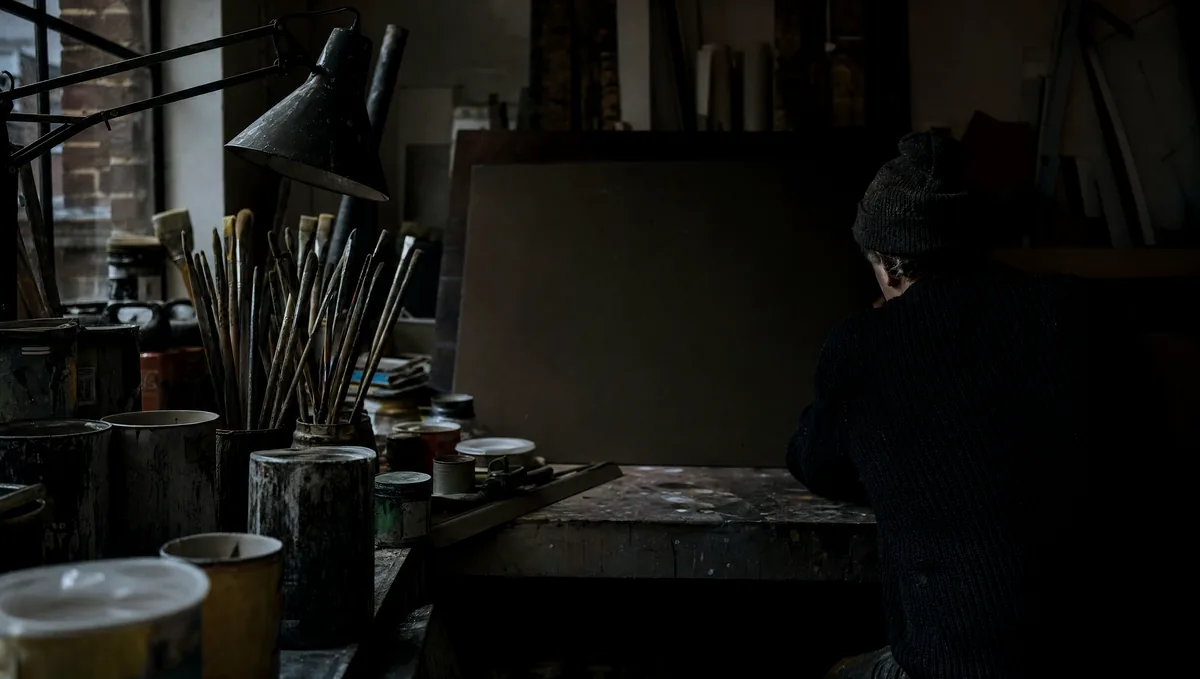A signwriter's bench with brushes, paint tins and a blank hand-painted board.