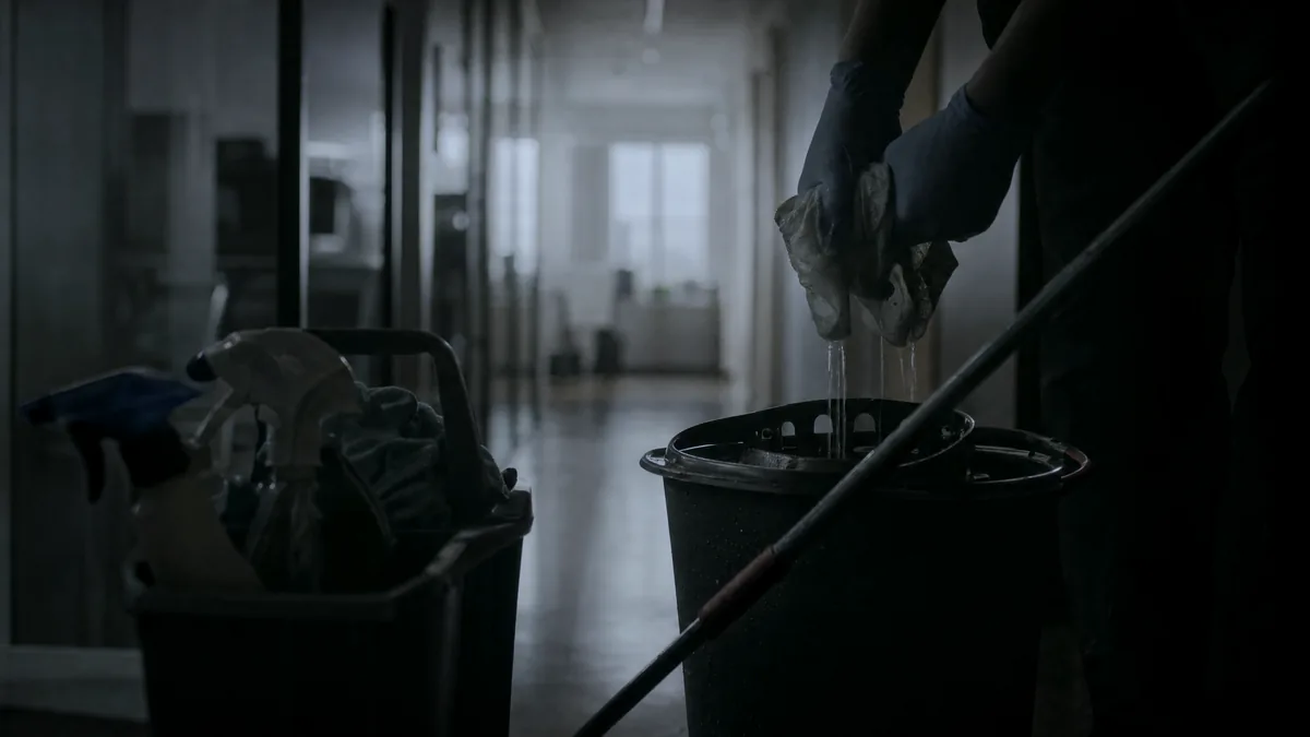 Gloved hands wring a cloth over a mop bucket beside a cleaning caddy in a dim office corridor