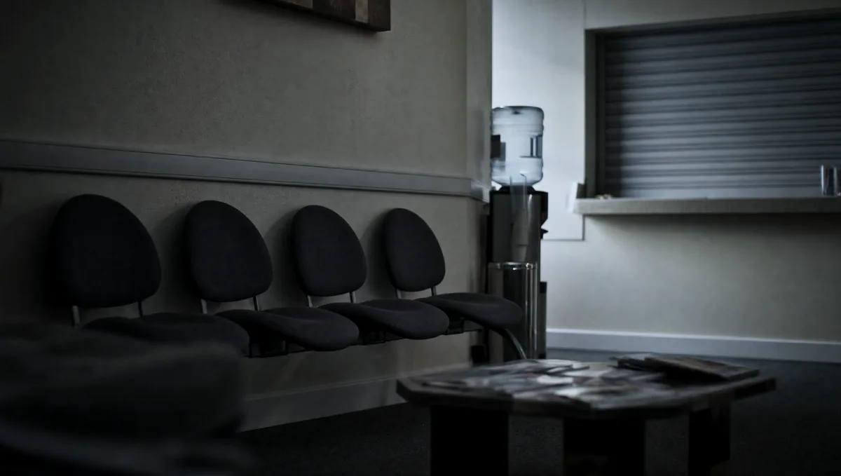 An empty dental practice waiting room in the early morning, chairs against the wall, a water cooler and a quiet reception desk.