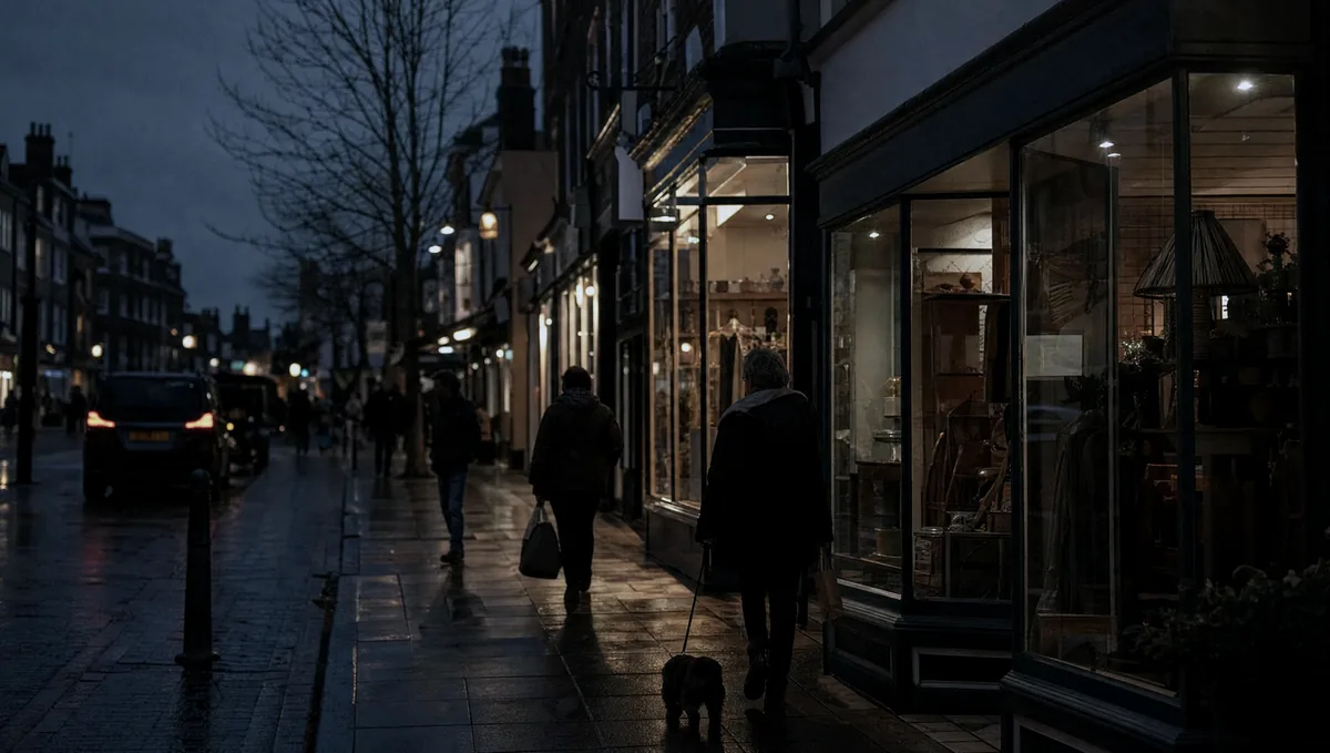 A British high street at dusk, small shopfronts lit from inside, wet pavement.