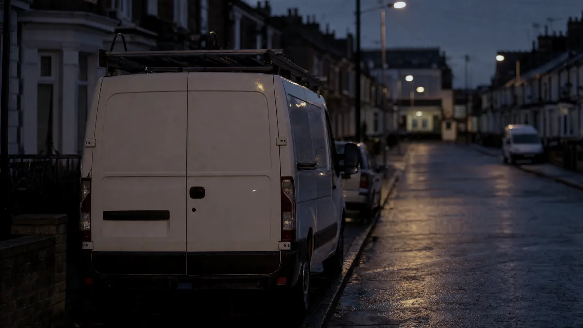 A plain white van parked at the kerb on a wet terraced street at dusk, with street lamps lit in the distance
