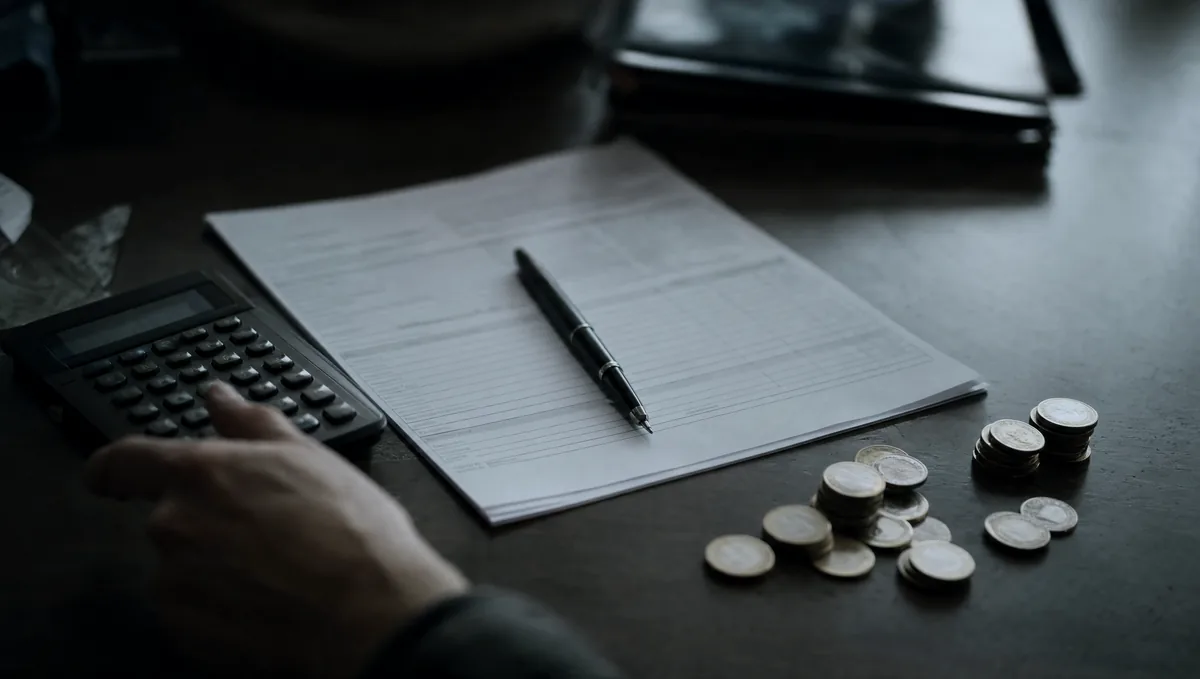 A calculator, a pen and an itemised invoice on a dark desk.