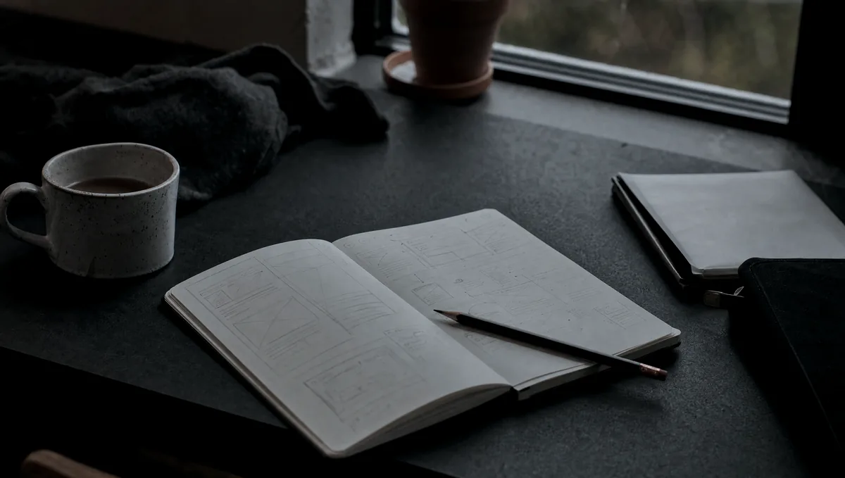 An open notebook of rough wireframe sketches and a pencil on a dark desk.
