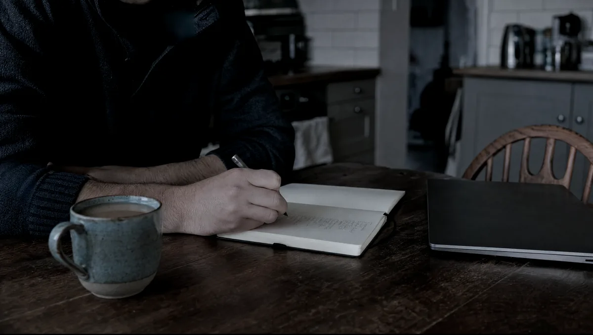 A new business owner's kitchen table with a notebook, a laptop and a mug, a hand written list of page names on the first page.
