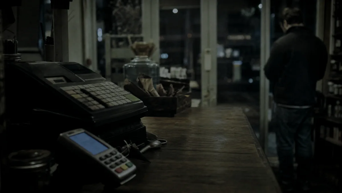 The counter of a small independent shop after closing, till and card reader, lights low.