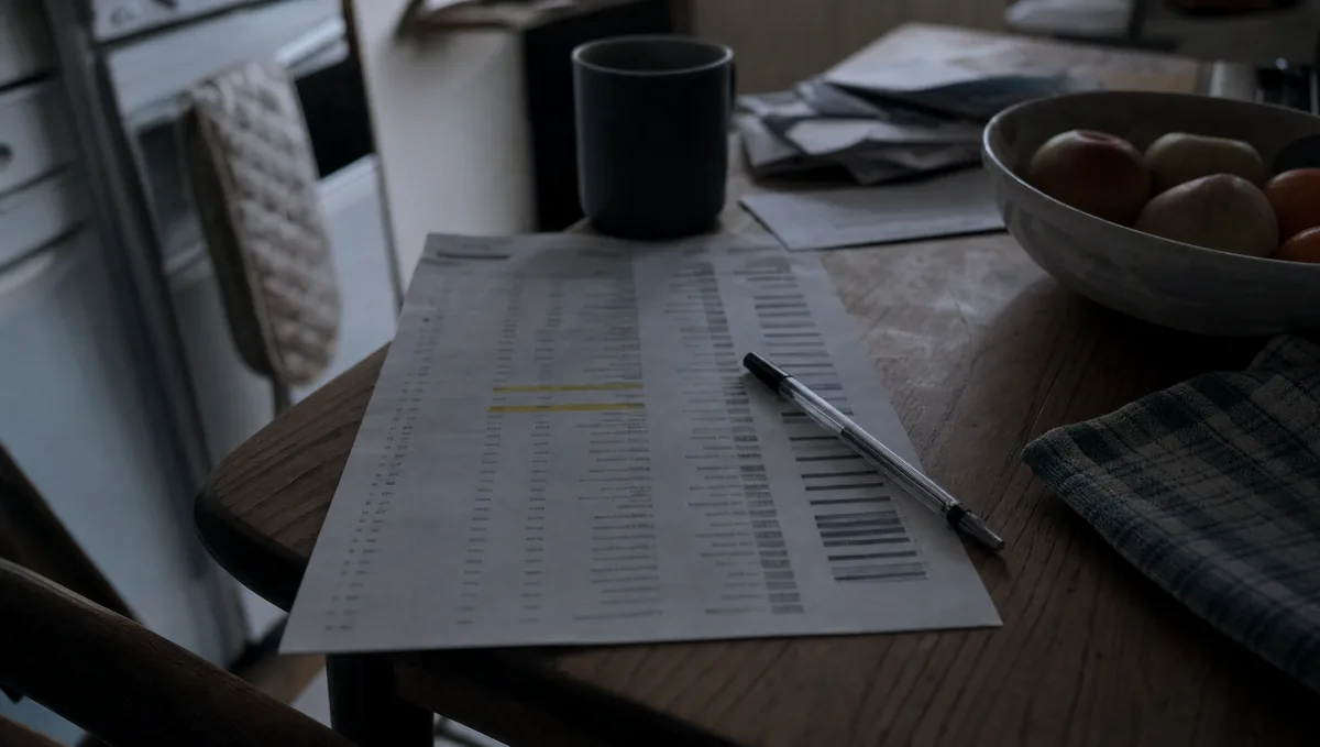 A bank statement on a table with three recurring payments highlighted in yellow marker and a pen resting beside it.