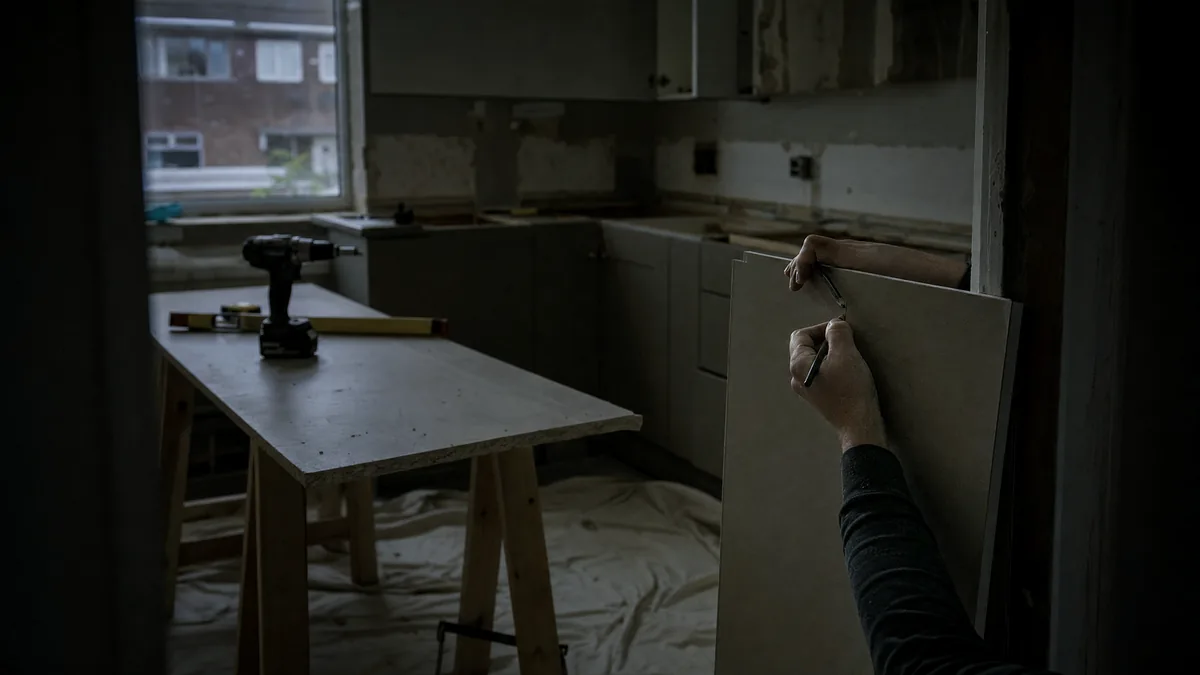 Hands scribing a panel in a half-fitted kitchen, with a cordless drill and level on a trestle table