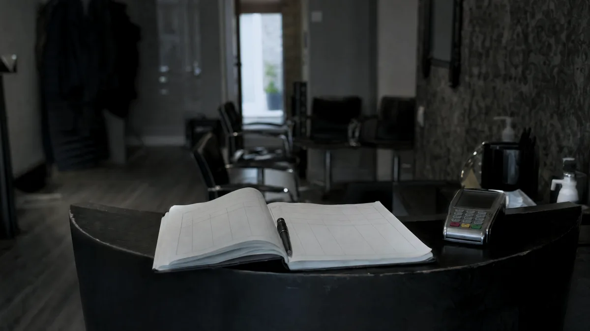 An open blank appointment diary and pen on a dark reception desk with a card machine, salon chairs blurred behind