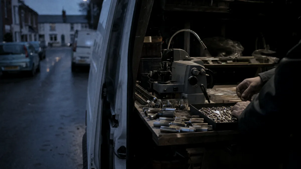 Open side door of a locksmith's van at dusk, key cutting machine and trays of barrels, hands sorting parts