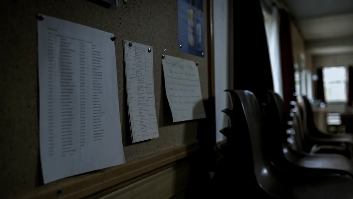 A village hall noticeboard with a members list, a fixtures card and a subscription renewal notice pinned to it.
