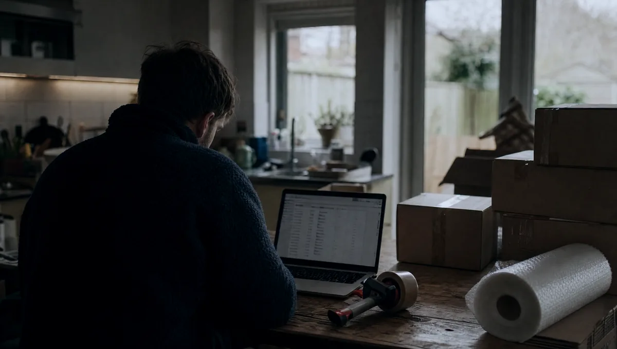 A kitchen table used as a packing bench, brown boxes and tape beside a laptop showing a list of orders.