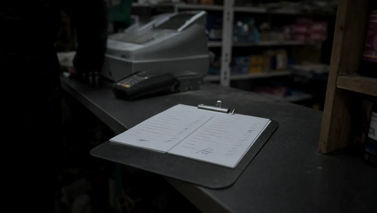 Two printed website package sheets clipped to a clipboard on a shop counter, with items ticked and crossed in pen.