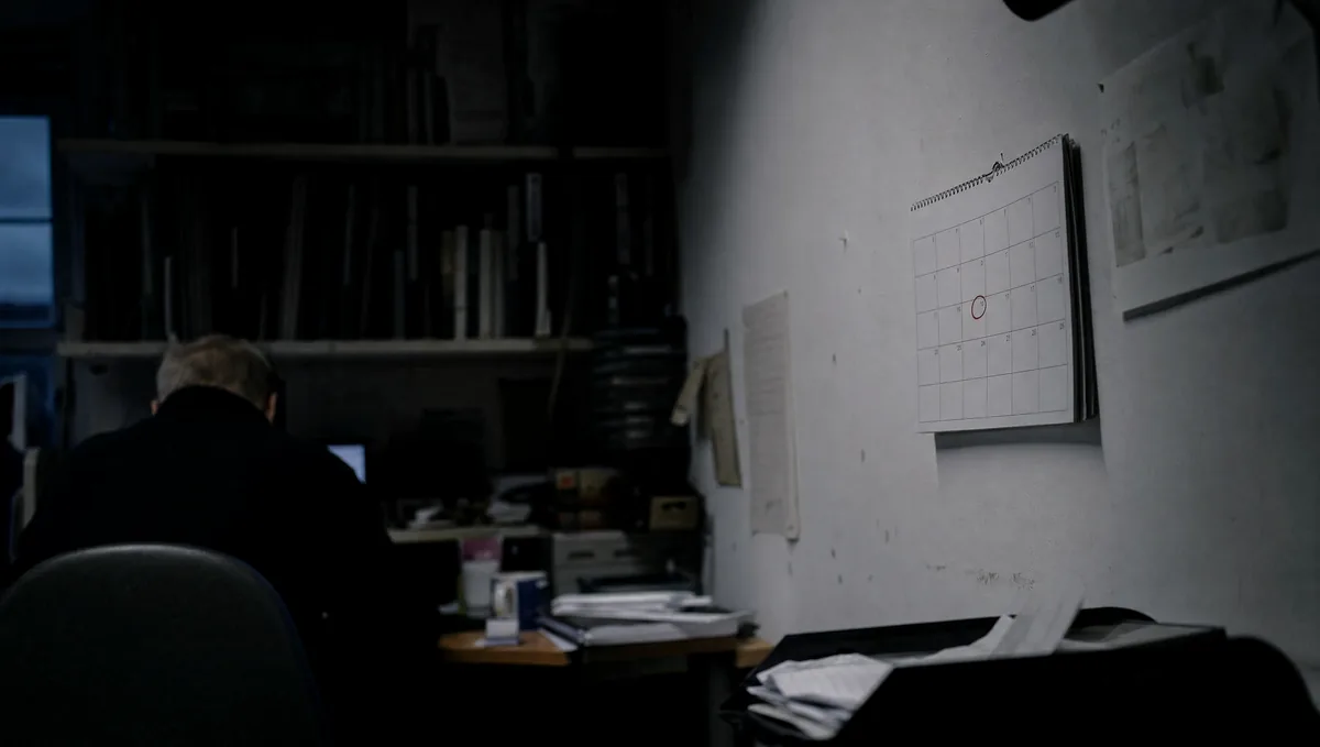 A wall calendar with one date circled, in low evening light in a back office.