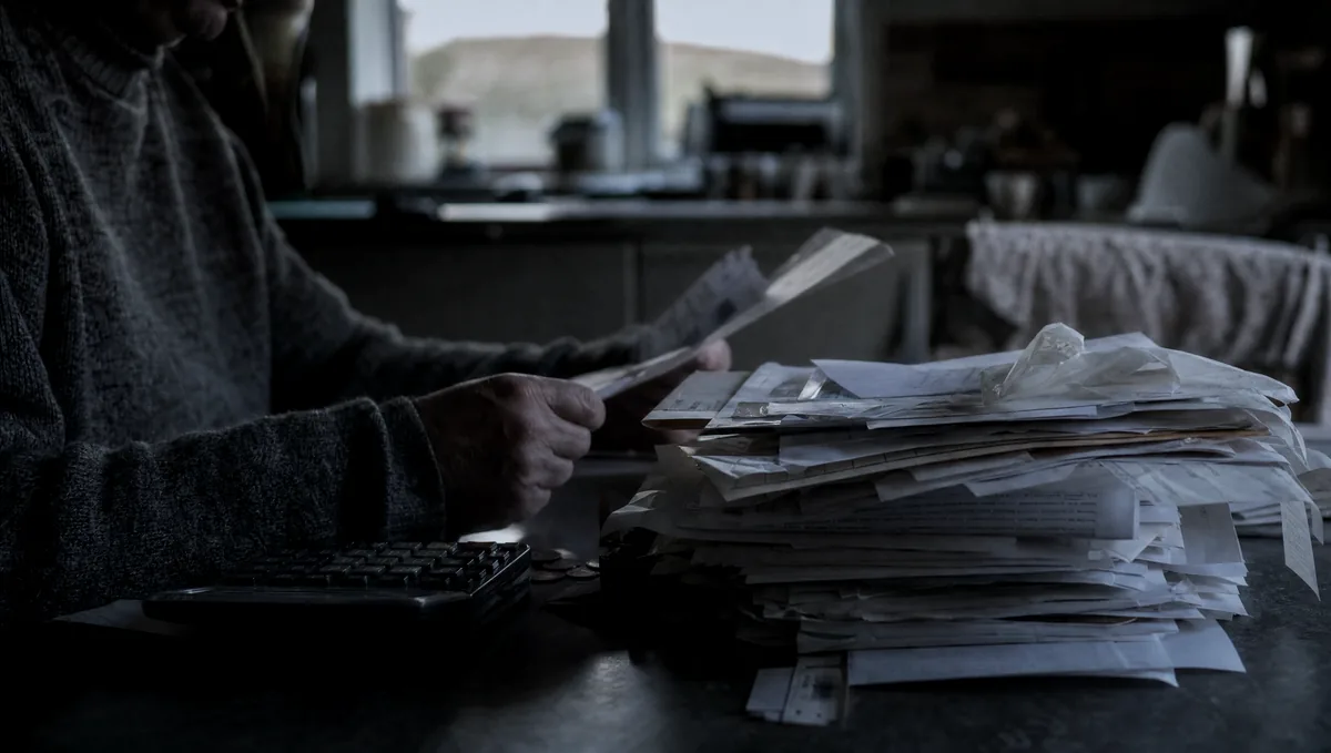 A spike of paper receipts and invoices on a dark kitchen table beside a calculator.