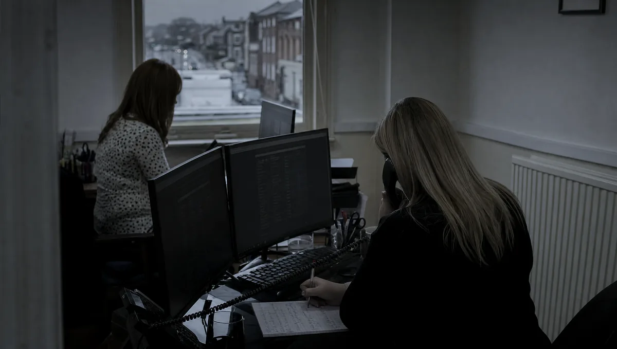 A small recruitment office desk with two monitors showing a list of vacancies, a landline handset and a notepad of names.