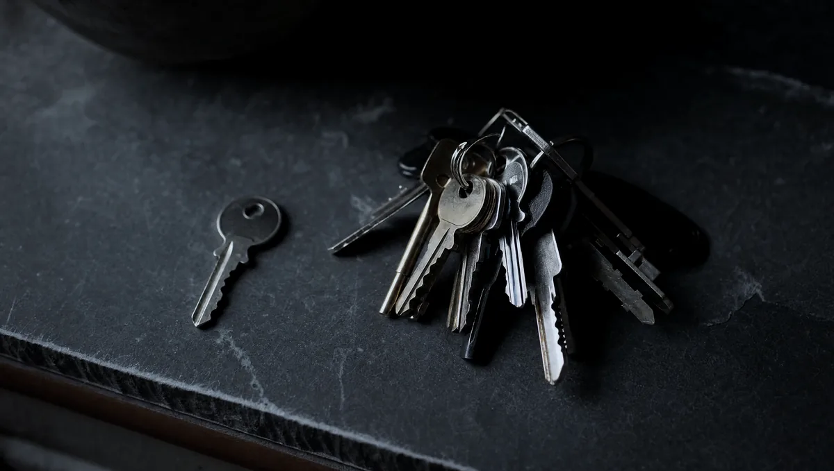 A single door key and a bunch of keys side by side on dark slate.