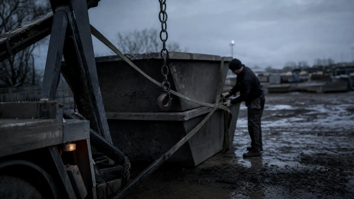 Worker in a beanie straps a skip on a lorry in a muddy depot yard at dawn, chain and hook hanging nearby