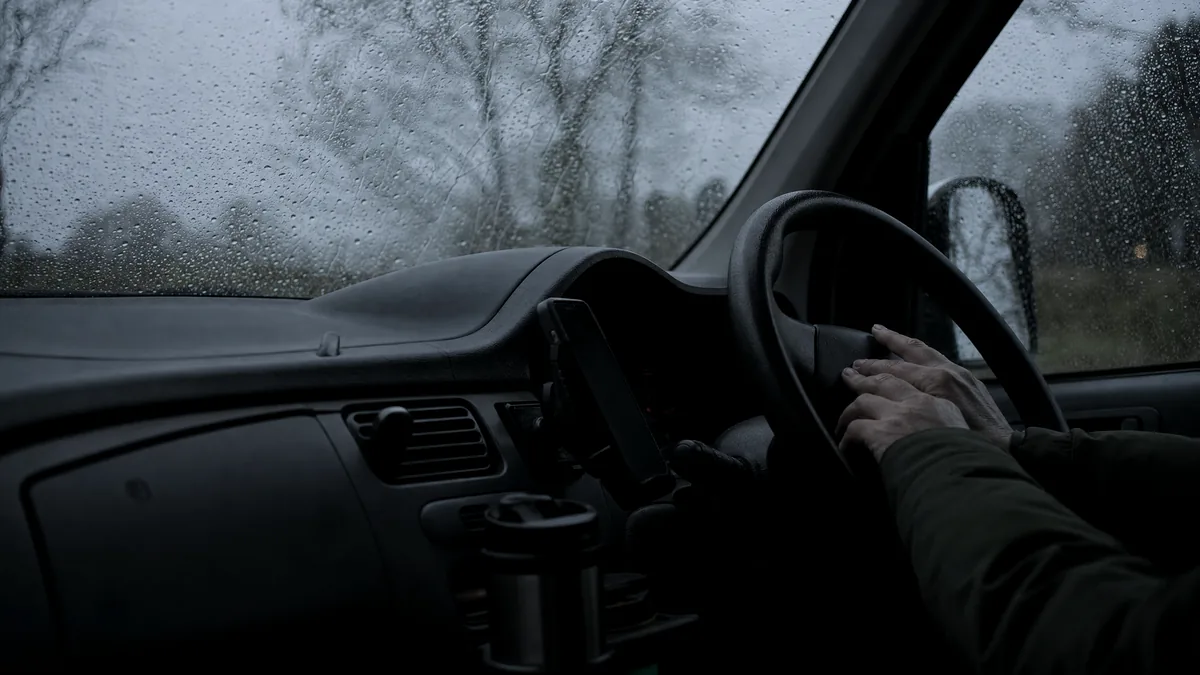 A driver's hand rests on the steering wheel of a right-hand-drive van, rain beading on the windscreen under grey light