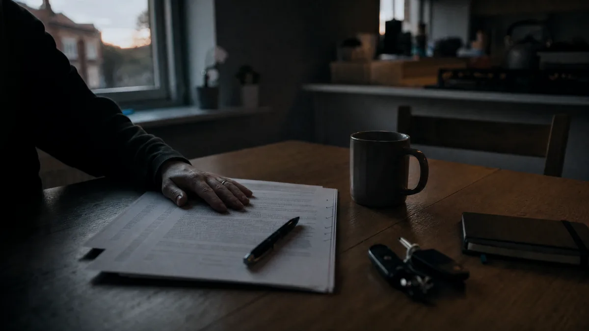 A hand rests on a printed contract beside a mug, pen, van keys and notebook on a kitchen table at dusk