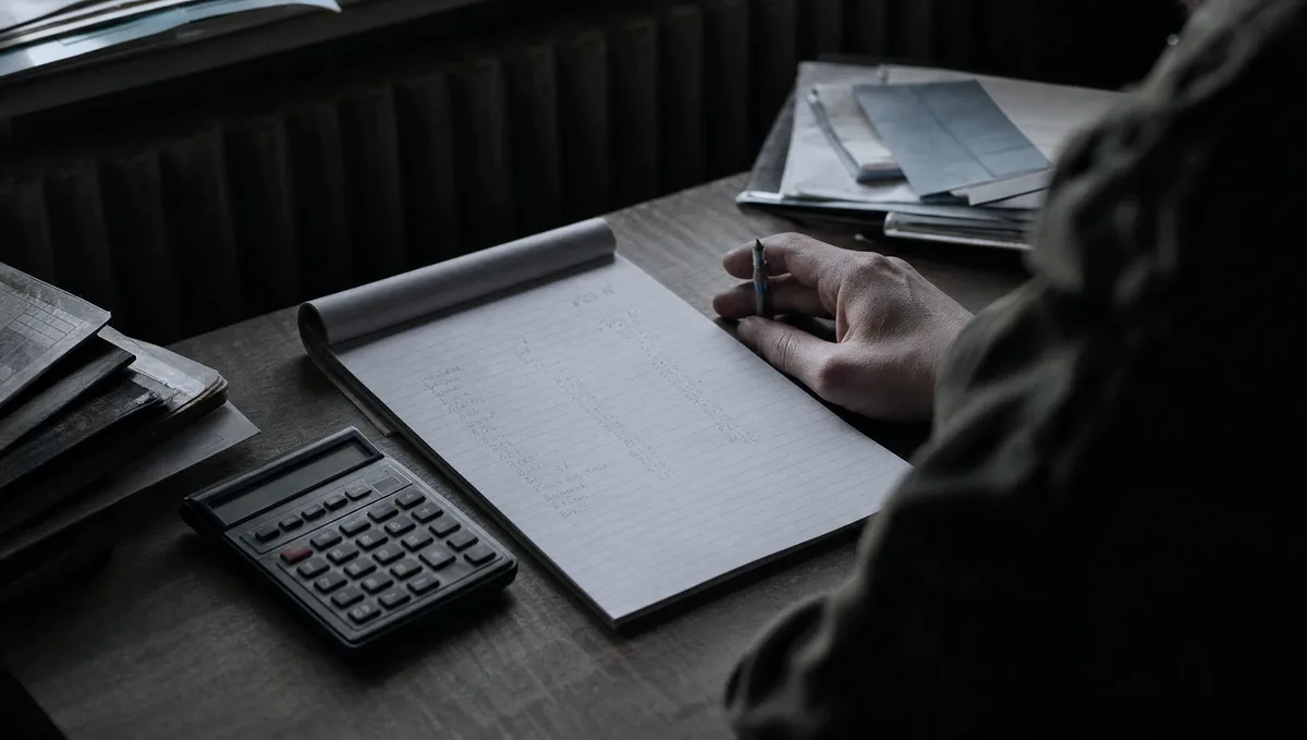 A lined notepad on a desk with a hand written list of website pages and rough figures beside it, next to a calculator and a biro.