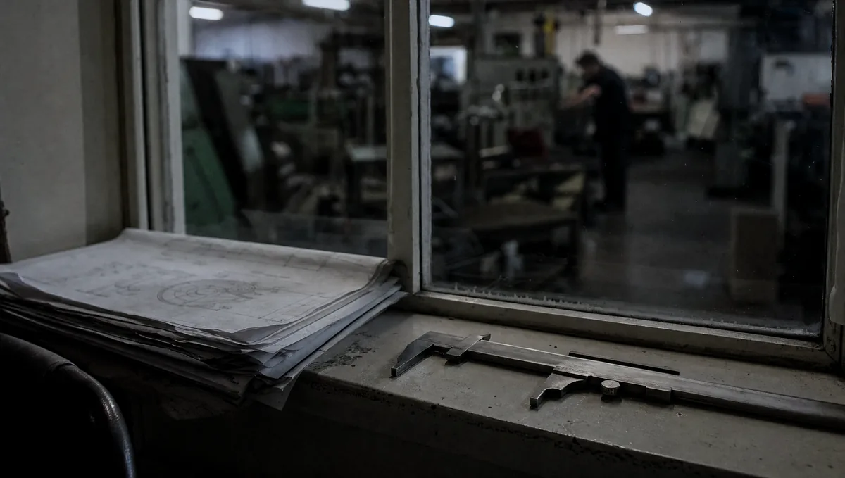 A machine shop office window looking onto the shop floor, a stack of engineering drawings and a vernier gauge on the sill.