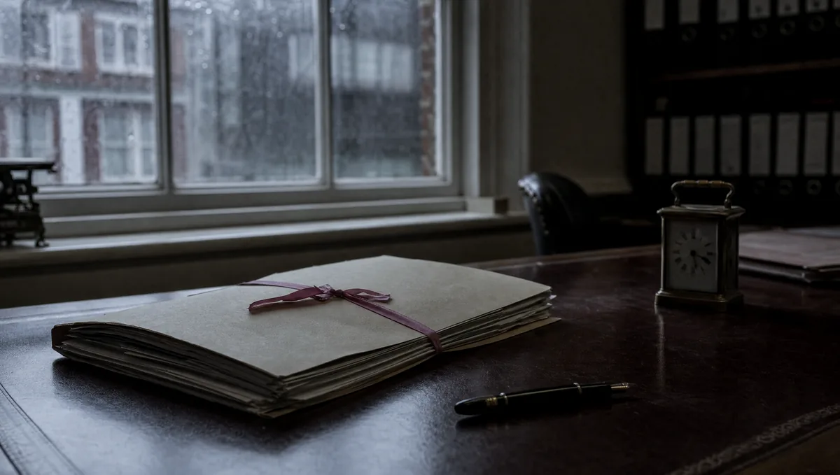 A solicitor's desk with a closed buff file, a fountain pen and a carriage clock, a sash window behind.