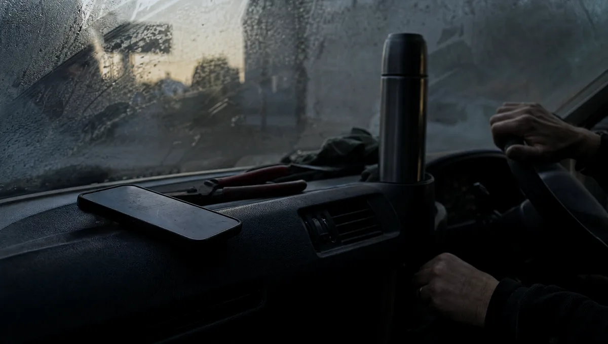 A plumber's smartphone on the dashboard of a work van at first light, tools and a flask beside it.
