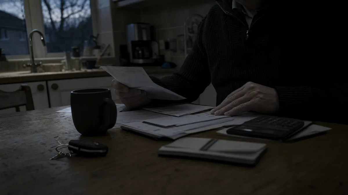 A person at a kitchen table at dusk sorting papers beside a calculator, notebook, car keys and a dark mug