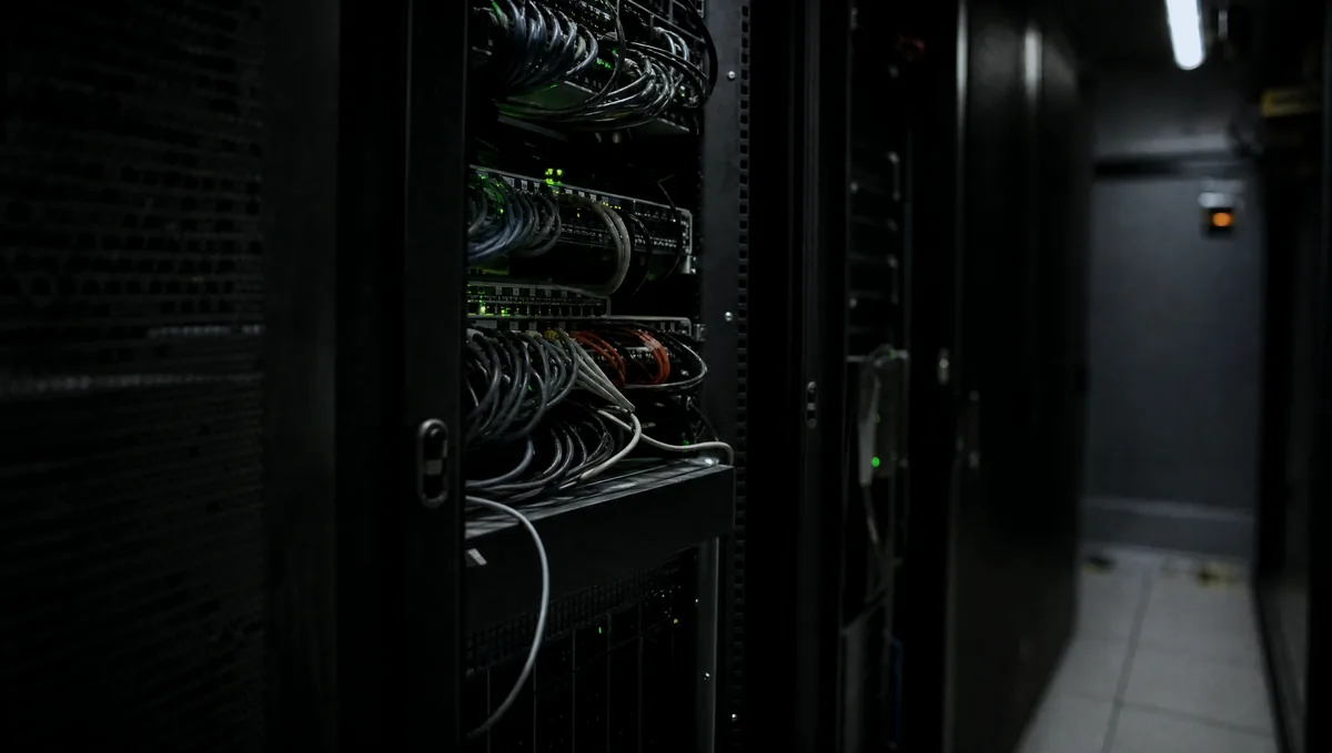 A dark server rack with cable runs lit by a few green status lights.