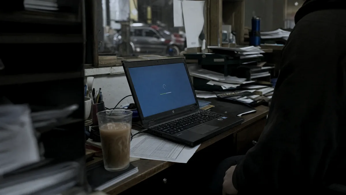 A small workshop office desk with an open laptop showing an update screen, a printed invoice and a cold cup of tea beside it.