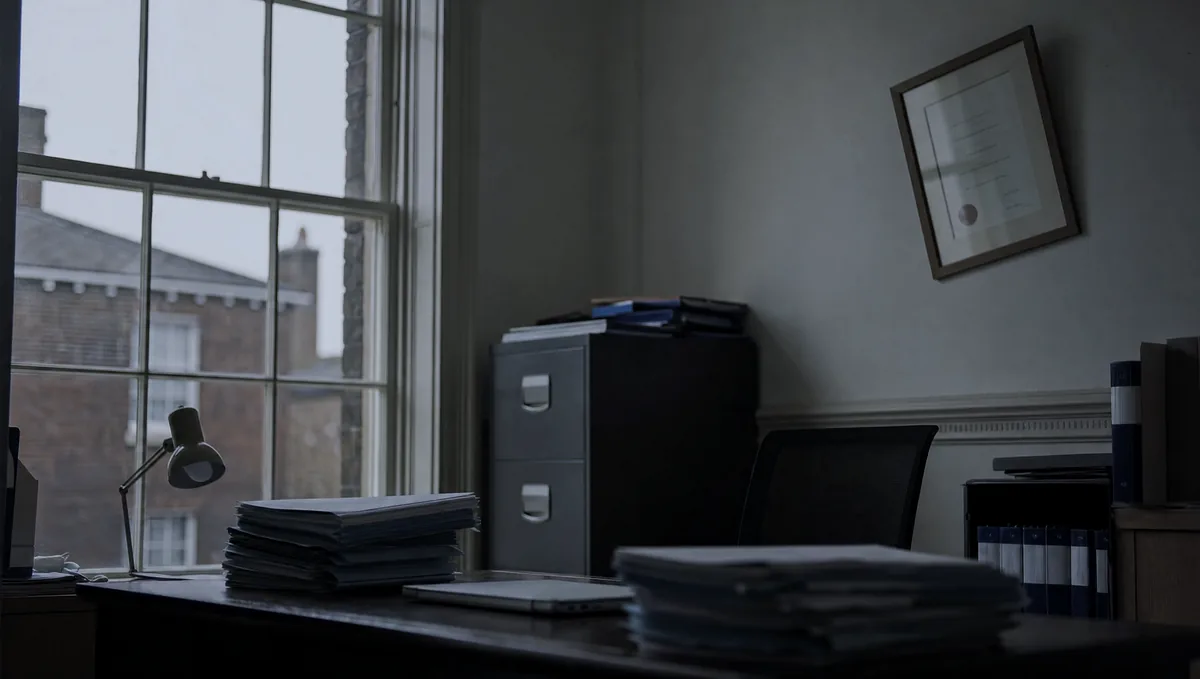 A small accountancy office desk with a closed laptop, a stack of client files and a framed professional certificate on the wall behind.