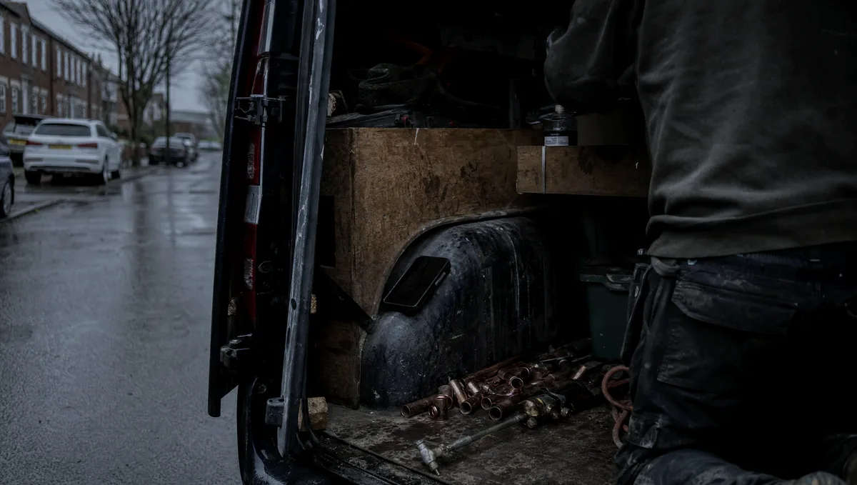 A plumber's van doors open at the kerb in the rain, pipe offcuts and a torch on the floor of the load bay.