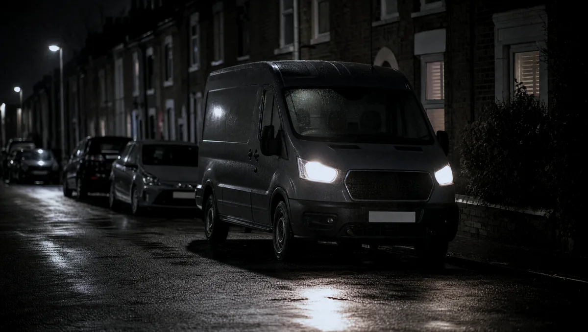 A sign-written trade van parked on a terraced street at night with its headlights on.