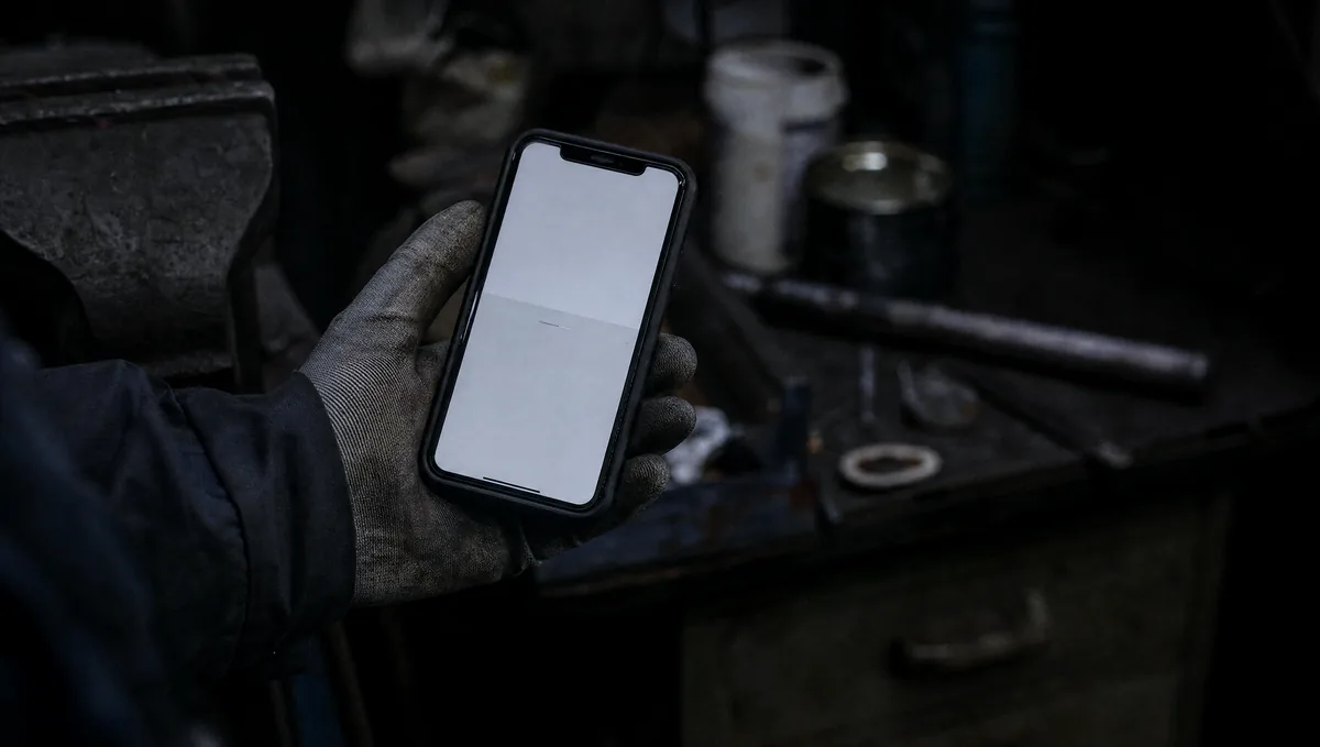 A hand in a work glove holding a phone showing a blank, half-loaded page.