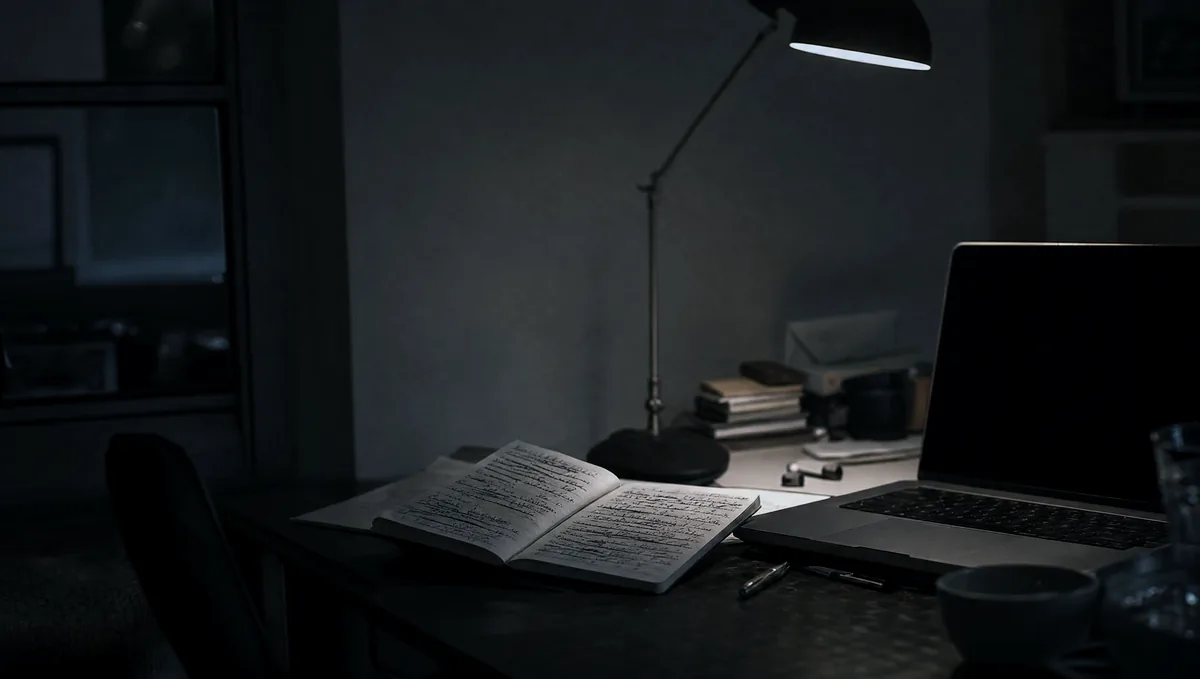A notebook covered in crossed-out handwriting beside a laptop, lit by one desk lamp.